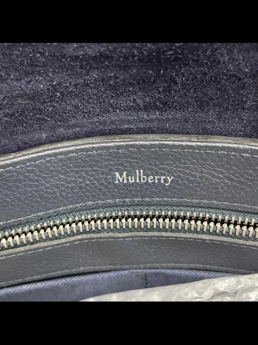 Mulberry Navy Leather Tote with Cream and Olive Center Stripe